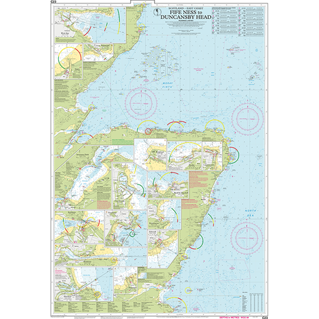 The Imray Chart C23: Fife Ness to Duncansby Head by Imray details Scotland’s east coast, with harbor insets, navigation aids, depth markings, and clear UKHO digital labels for both land and sea.