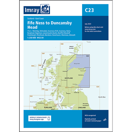 Imray Chart C23: Fife Ness to Duncansby Head maps Scotland’s east coast, highlighting key locations and waters. Features the Imray logo, UKHO Digital info, the latest chart updates, and is part of the renowned Imray series.