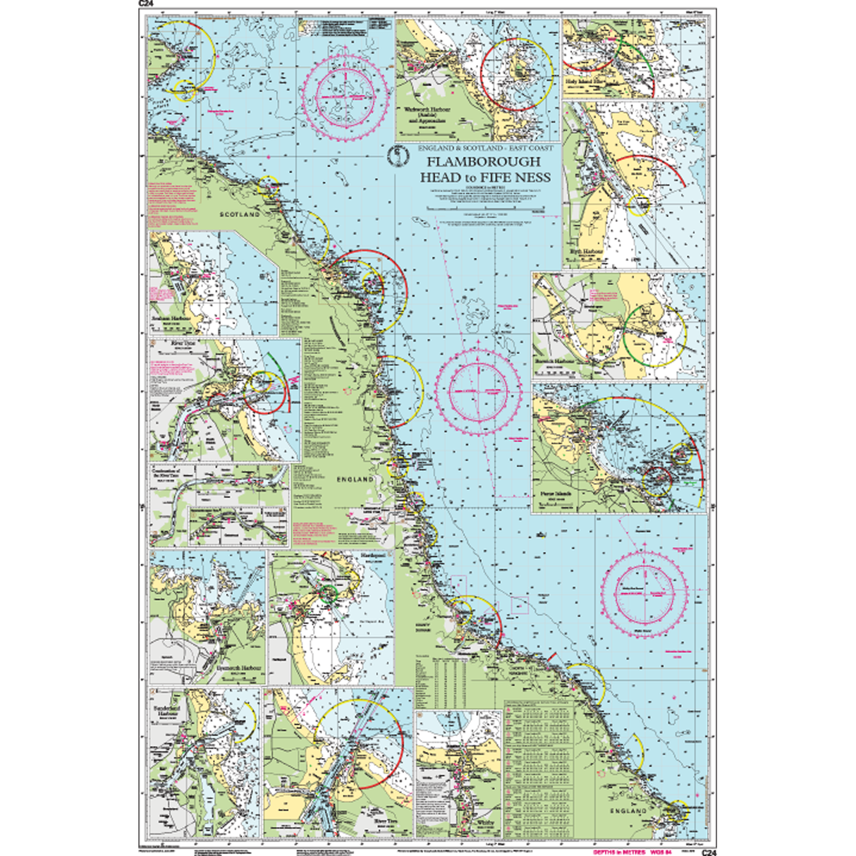 Imray Chart C24: Flamborough Head to Fife Ness by Imray details the east coast of Great Britain, with coastal outlines, depths, navigation routes, landmarks & UK harbour close-ups from the trusted Imray C Series.