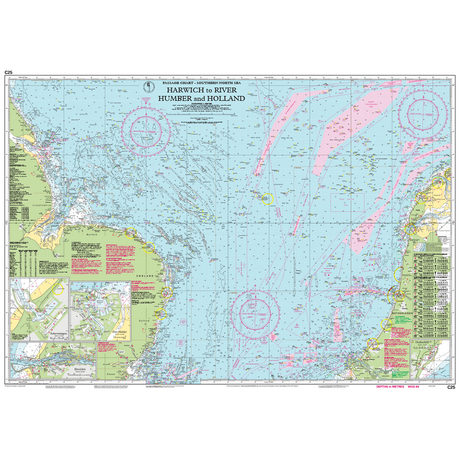 Imray Chart C25: Harwich to River Humber and Holland by Imray details coastal outlines, water depths, navigation aids, and port insets along England's east coast and the Netherlands.