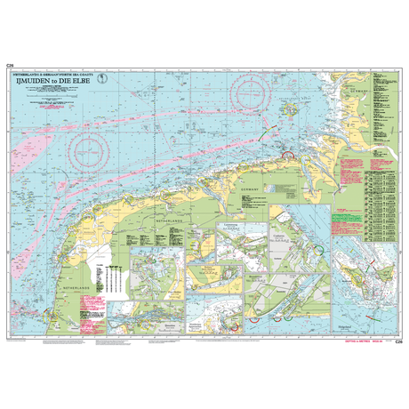 Imray Chart C26: IJmuiden to Die Elbe by Imray covers the North Sea coast from IJmuiden, Netherlands, to the Elbe River, Germany. Ideal for small craft navigation; features routes, depths, towns, and insets of key harbors and islands.