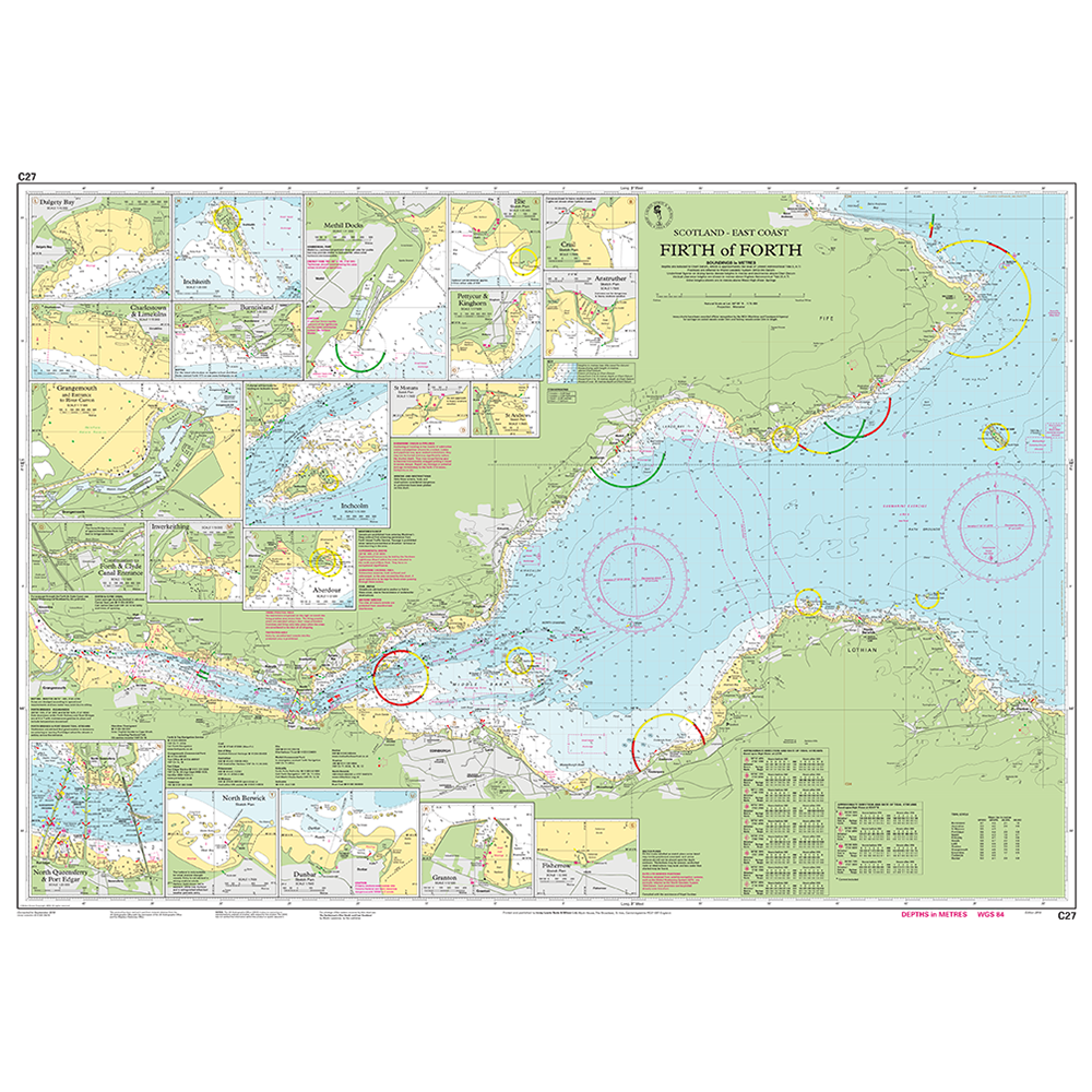 Imray Chart C27: Firth of Forth by Imray details Scotland’s east coast, showing water depths, navigation aids, coastal features, and includes insets of local harbors and anchorages—ideal for cruising this region.