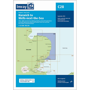 Imray Chart C28: Harwich to Wells-next-the-Sea by Imray covers England’s east coast, highlighting sea areas, ports, and harbours. Ideal for cruising in Britain and Northwest Europe. Edition dated September 2022.