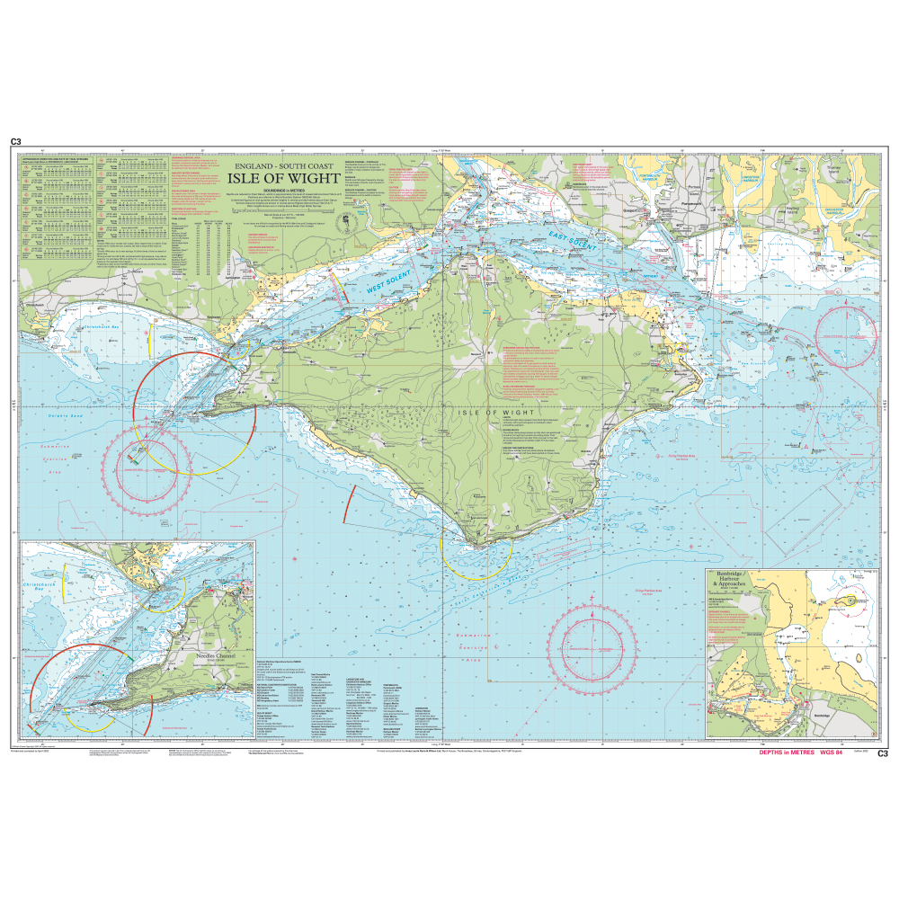 Imray Chart C3: Isle of Wight by Imray details the south coast, Solent navigation aids, depth contours, maritime routes, and includes two harbor insets—a trusted essential for sailors.
