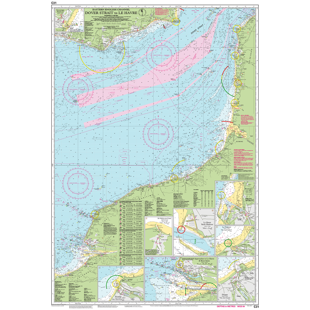 Imray Chart C31: Dover Strait to Le Havre by Imray shows shipping routes, depths, navigation aids, coastlines, and detailed port insets—ideal for accurate harbour navigation with trusted Imray C Series charts.