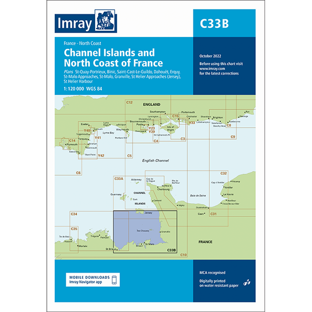 Imray Chart C33B: Channel Islands (South) cover features the English Channel, Channel Islands, part of France’s coast, and small craft navigation info, with Imray branding and release details.