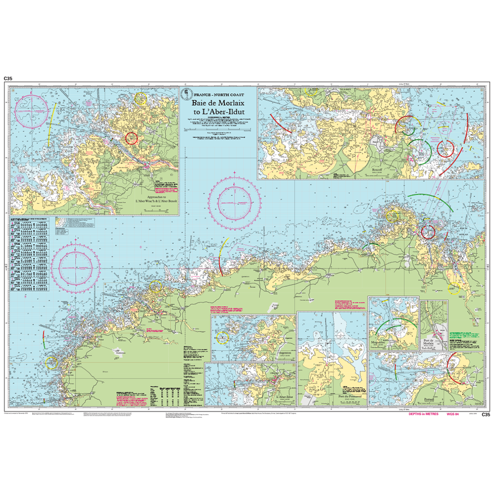 Imray Chart C35: Baie de Morlaix to L'Aber-Ildut by Imray details the French coast with water depths, navigation markers, and harbour plans—ideal for cruising in Northwest Europe.