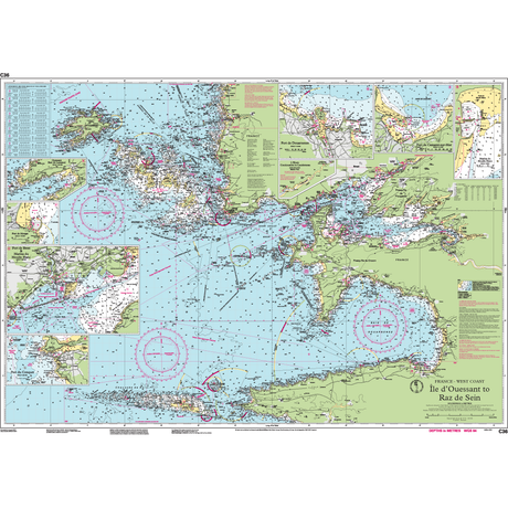 Imray Chart C36: Île d’Ouessant to Raz de Seine by Imray details marine navigation routes, depths, buoys, hazards, and insets along France’s west coast—ideal for use with Imray C Series and Northwest Europe cruising charts.