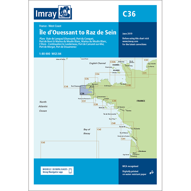 Imray Chart C36: Île d’Ouessant to Raz de Seine by Imray features a simplified coastal map, highlighted areas, publisher details, download app icon, and a blue header with chart information.