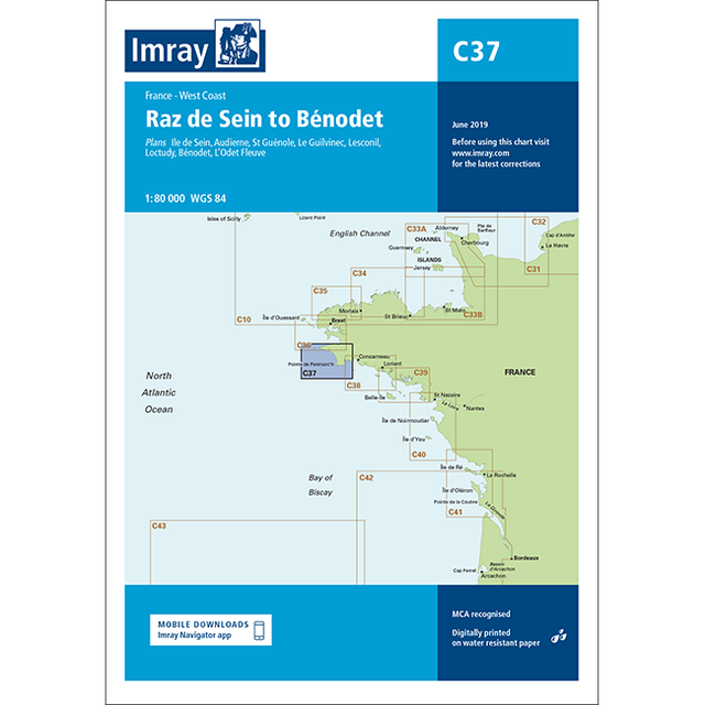 The Imray Chart C37: Raz de Sein to Benodet is a waterproof cruising chart from Imray's trusted C Series, published June 2019, featuring scale info, map details, download instructions, and included plans for Northwest Europe.
