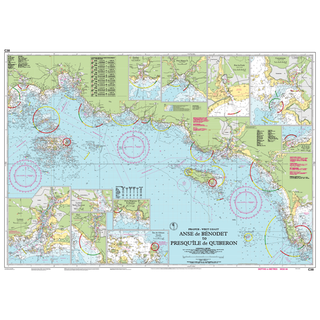 Imray Chart C38: Anse de Bénodet to Presqu'île de Quiberon offers detailed nautical routes, depth markings, and coastal features for the French west coast. This trusted chart by Imray includes key insets and navigation symbols for mariners.