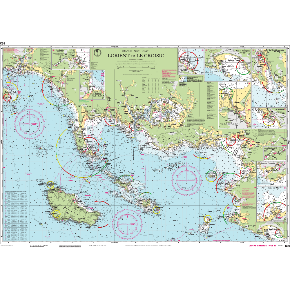 Imray Chart C39: Lorient to Le Croisic by Imray is a detailed nautical chart of France's west coast, featuring depths, navigation aids, islands, and harbor insets—perfect for cruising Northwest Europe.