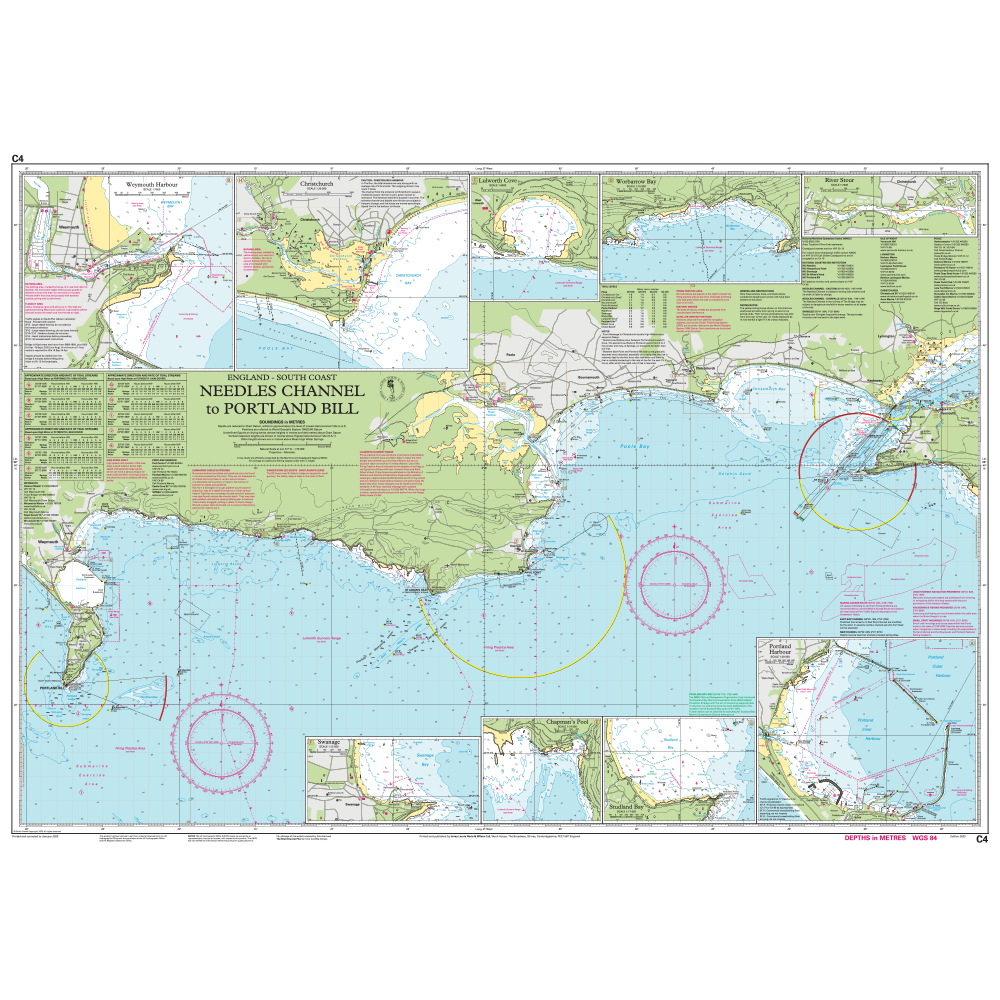 Imray Chart C4: Christchurch to Portland Bill by Imray details England’s south coast for small craft, with coastal features, depth contours, navigational aids, and inset maps of ports and anchorages.