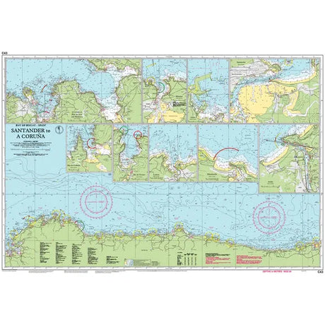 The Imray Chart C43: Santander to A Coruña, produced by Imray, highlights the Bay of Biscay and is perfect for navigation with small craft. It includes insets offering detailed views of coastal regions, ports, and navigational markers. The chart is designed with color-coded depth indicators and clearly labeled information for enhanced clarity.