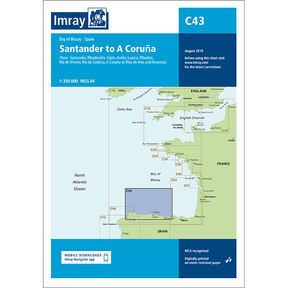 Imray Chart C43: Santander to A Coruña by Imray covers Spain's Bay of Biscay, includes an inset map and route plans, and is ideal for yacht harbour navigation and cruising in Northwest Europe.