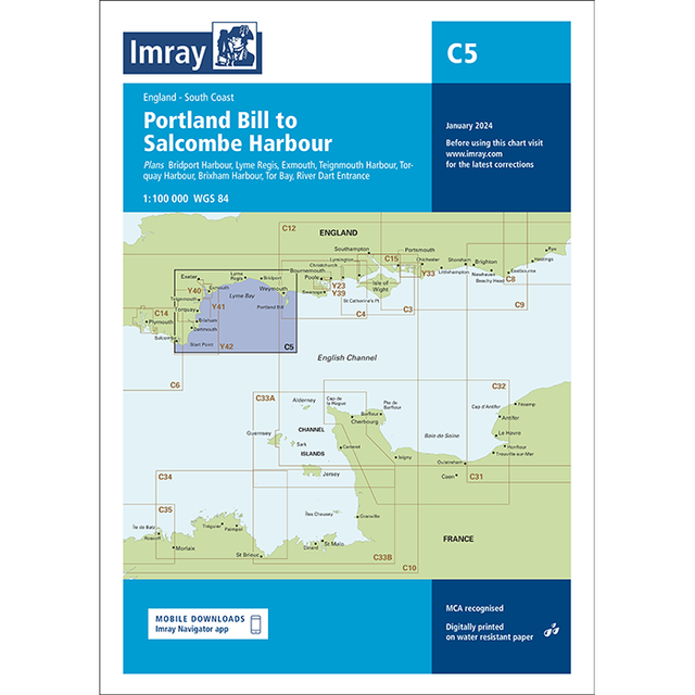 Imray Chart C5: Portland Bill to Salcombe Harbour by Imray covers the England South Coast's UK coastline, highlighting harbours on a blue sea background. Ideal for small craft. Latest C Series, January 2024 edition.