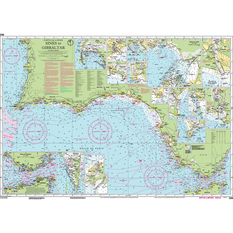 Imray Chart C50: Sines to Gibraltar by Imray details the Iberian Peninsula’s southwest coast, including coastal features, depths, navigation routes, landmarks, and inset cruising charts.