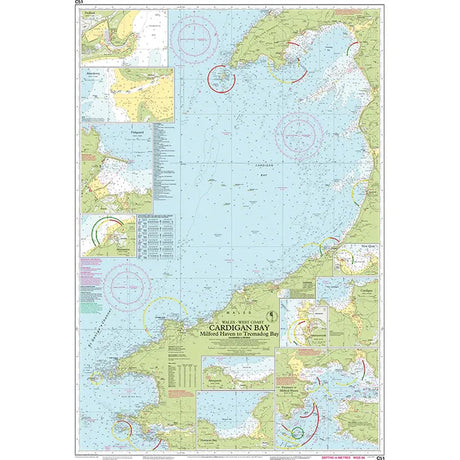 The Imray Chart C51: Cardigan Bay by Imray provides a detailed nautical map of Cardigan Bay, ideal for small craft navigation. It features coastlines, islands, maritime details, insets for close-up views, and markings like depth measurements and navigation symbols for safe passage.