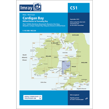 Imray Chart C51: Cardigan Bay covers Wales’ west coast and eastern Ireland—ideal for cruising. From Imray’s C Series, issue date September 2023.