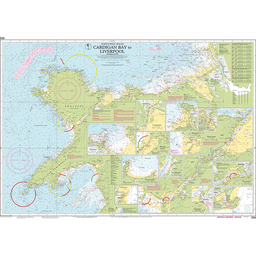 Imray Chart C52: Cardigan Bay to Liverpool by Imray details the northwestern coast of Wales and northwest England, featuring the Menai Strait, coastal landmarks, depth soundings, lighthouses, and detailed harbor insets.