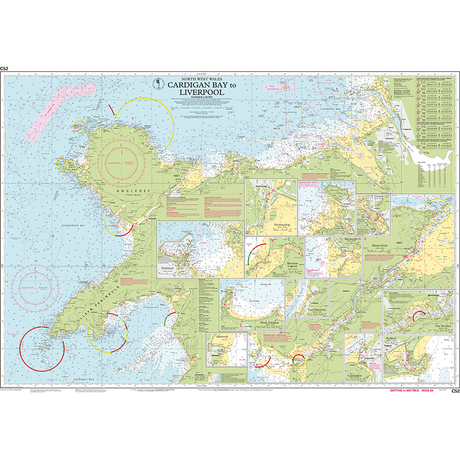 Imray Chart C52: Cardigan Bay to Liverpool by Imray details the northwestern coast of Wales and northwest England, featuring the Menai Strait, coastal landmarks, depth soundings, lighthouses, and detailed harbor insets.