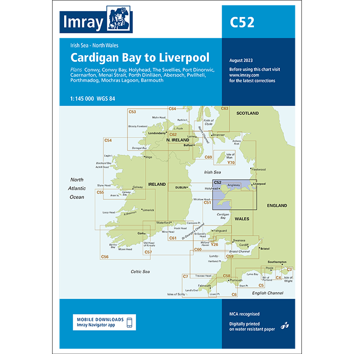 Imray Chart C52: Cardigan Bay to Liverpool, by Imray, features a nautical chart cover highlighting the route via Menai Strait, Ireland, and Wales. Coverage zones are marked; the blue “C52” label and Imray branding are clearly shown.