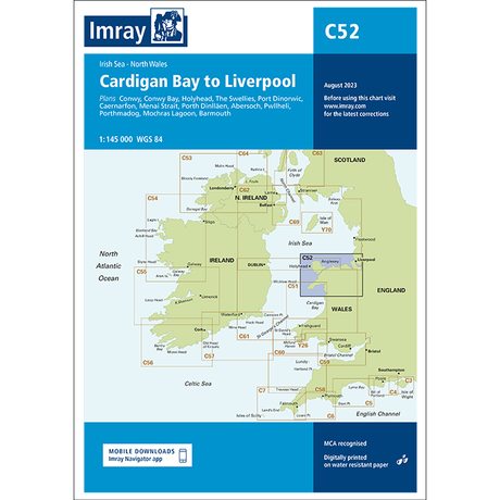 Imray Chart C52: Cardigan Bay to Liverpool, by Imray, features a nautical chart cover highlighting the route via Menai Strait, Ireland, and Wales. Coverage zones are marked; the blue “C52” label and Imray branding are clearly shown.