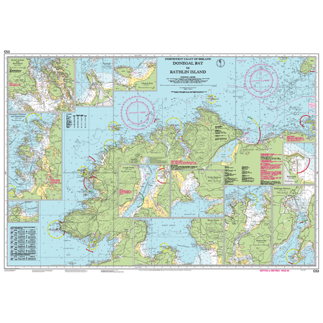 Imray Chart C53: Donegal Bay to Rathlin Island (by Imray) details Ireland’s northwest coast, with coastal features, navigational markers, water depths, tides, harbor insets, notes, and scale bars.