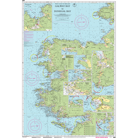 The Imray Chart C54: Galway Bay to Donegal Bay by Imray details Ireland’s west coast, featuring maps of coastal areas, navigation routes, depth markings, and symbols—perfect as a cruising chart for exploring from Galway Bay to Donegal Bay.