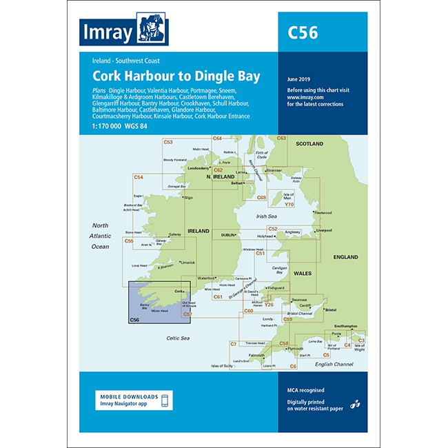 Imray Chart C56: Cork Harbour to Dingle Bay covers Ireland’s SW coast at 1:170,000 scale. Edition June 2019 by Imray with map preview, harbour list, and essential navigation maps included.