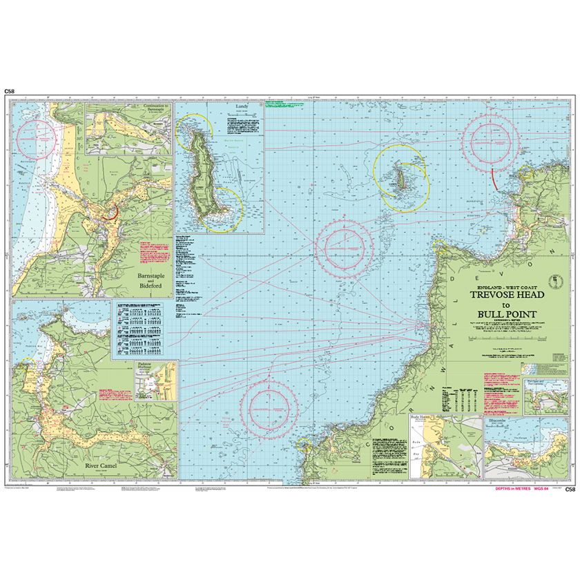 Imray Chart C58: Trevose Head to Bull Point by Imray details England’s west coast with navigational aids, depth markings, islands, compass roses, and mariner info panels, featuring the clarity of Imray's C Series charts.