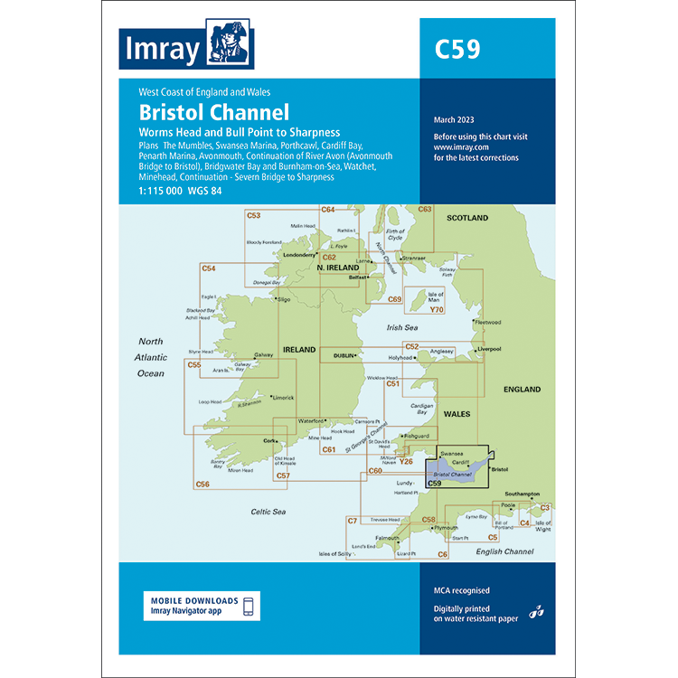 Imray Chart C59: Bristol Channel by Imray covers ports and towns in South Wales and Southwest England. Features a blue border, detailed map, and is part of the Imray C Series cruising charts for Britain.