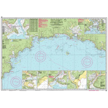 The Imray Chart C6: Salcombe to Lizard Point by Imray is a durable, weather-resistant nautical chart that features coastal areas, water depths, navigational routes, and landmarks. Insets provide detailed port and harbor views along South Coast England, perfect for small craft navigation.