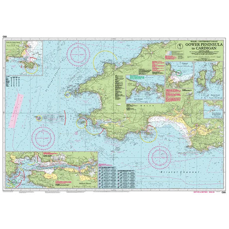 Imray's Chart C60: Gower Peninsula to Cardigan provides a detailed coastal map of Wales' West Coast, showcasing water depths, navigation info, and featuring insets of ports and harbors. Compass roses and marked routes aid sailors on their voyage.