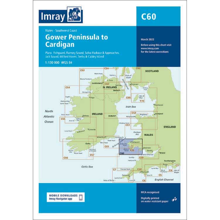 The Imray Chart C60: Gower Peninsula to Cardigan is a nautical chart by Imray, featuring Wales' southwest coast with major ports, green-bordered sections, and a blue "C60" header. March 2023 edition.