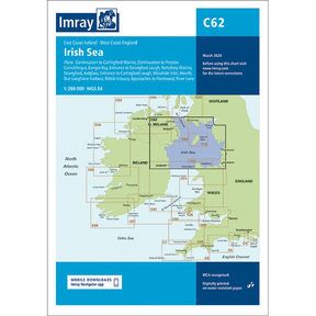 Imray Chart C62: Irish Sea by Imray covers the east coast of Ireland and west coast of England, with detailed map sections, ports, highlighted areas, scale info, and download details. Part of the Imray C Series charts.