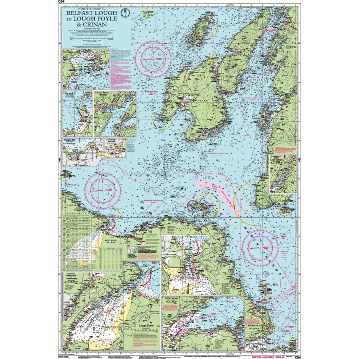 The Imray Chart C64 by Imray details the area from Belfast Lough to Lough Foyle and Crinan, featuring clear coastal outlines, navigation markers, depths, compass roses, and inset maps for accurate marine navigation.