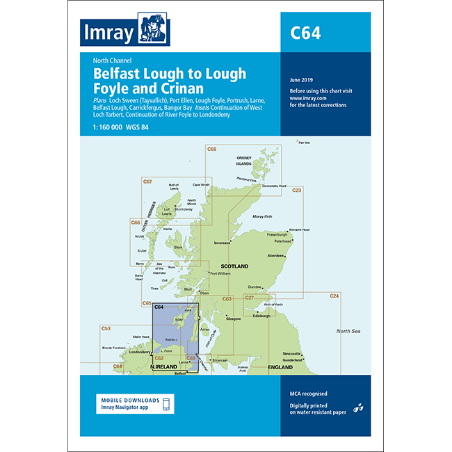 Imray Chart C64: Belfast Lough to Lough Foyle and Crinan features a detailed nautical map with highlighted coasts and full Imray branding—perfect for Britain and Ireland cruising navigation.