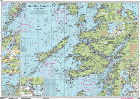 Explore the Imray Chart C65: Crinan to Mallaig and Barra, a comprehensive nautical chart by Imray for small craft navigation along Scotland's West Coast. It includes islands, navigational markers, depth details, compass roses, and insets for targeted areas.