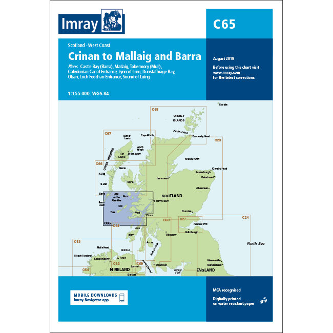 Imray Chart C65: Crinan to Mallaig and Barra by Imray features Scotland’s west coast, key cruising locations, scale and edition info, plus Imray branding on a blue-and-white cover.