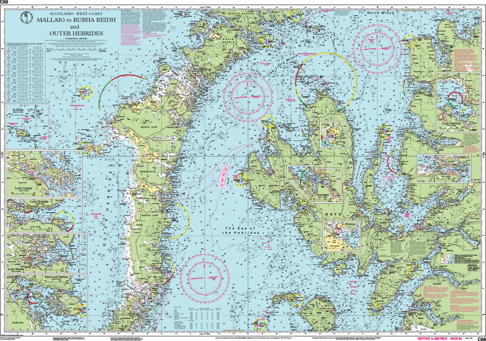 The Imray Chart C66: Mallaig to Rudha Reidh and Outer Hebrides is a durable, weather-resistant nautical chart featuring navigational symbols, depth markings, islands, inlets, and annotated lighthouses for small craft exploring Scotland's west coast.