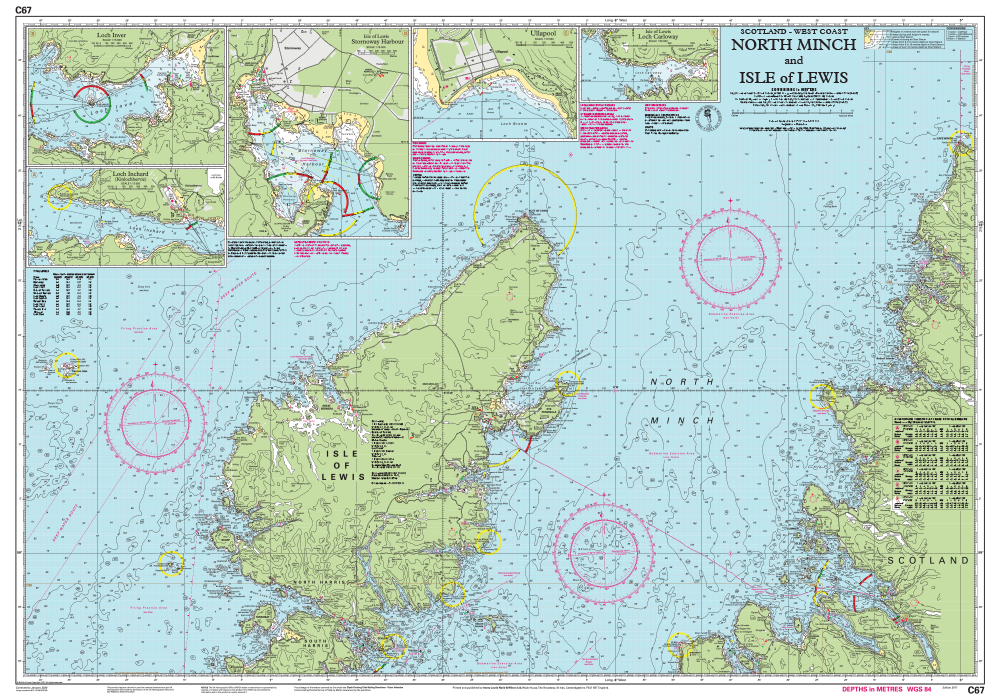 The Imray Chart C67: North Minch and Isle of Lewis by Imray details essential coastal navigation routes, depths, features, and landmarks. Insets offer close-up views, while circular navigational and geographic markers ensure safe passage.