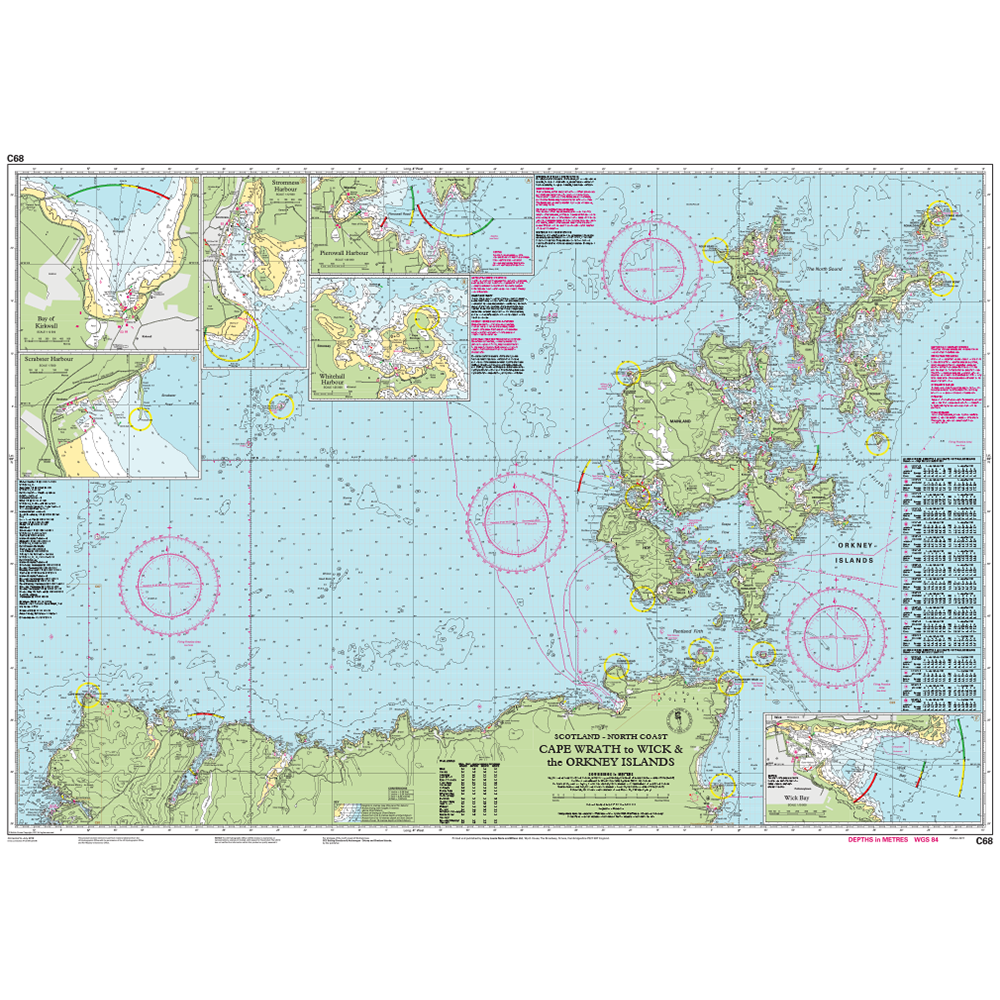 Imray Chart C68: Cape Wrath to Wick and the Orkney Islands by Imray offers detailed nautical coverage of Scotland’s north coast, including harbour insets, navigational symbols, depths, shipping routes, coastal features, legends, and scale.
