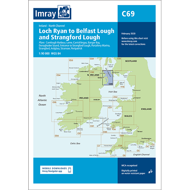 Imray Chart C69: Loch Ryan to Belfast Lough & Strangford Lough by Imray features a detailed marine chart covering Ireland and Scotland’s coastline, ideal for navigation of these areas.
