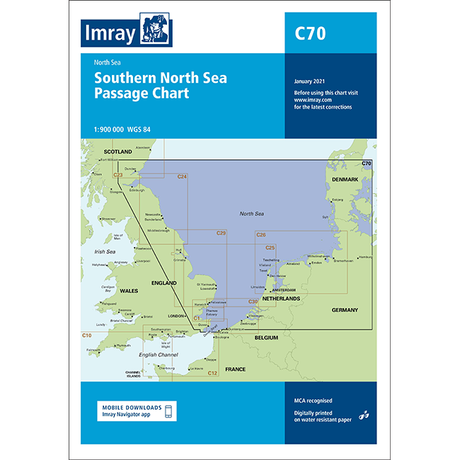 The Imray Chart C70: Southern North Sea Passage Chart by Imray displays eastern England, northern France, Belgium, Netherlands, Germany, and Denmark with a large blue and green chart featuring labels and grid lines.