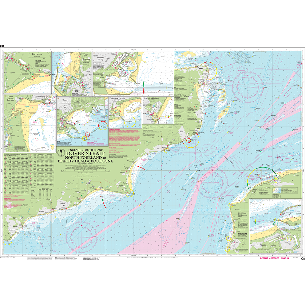 Imray Chart C8: Dover Strait by Imray details the channel between England and France, with coastal outlines, ports, routes, updated depth data, lighthouses, and insets of Dover, Boulogne, and Folkestone harbors.