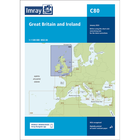 Imray Chart C80: Great Britain and Ireland by Imray, part of the C Series, is a British Isles nautical chart for round-Britain use, dated January 2024, with info on digital and mobile downloads.