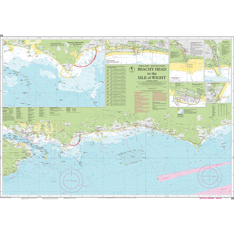 Imray Chart C9: Beachy Head to Isle of Wight by Imray details the southern coast of England, including navigational routes, bathymetric depth markings, coastal towns, ports, and reference notes.