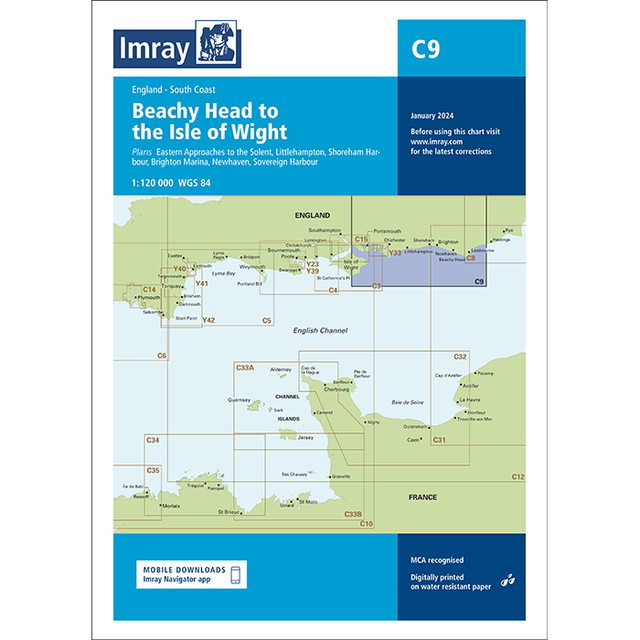Imray Chart C9: Beachy Head to Isle of Wight by Imray features a detailed map of England’s south coast, using UKHO data. Includes C Series chart index, plan locations, blue header, plus details on digital downloads and updates.