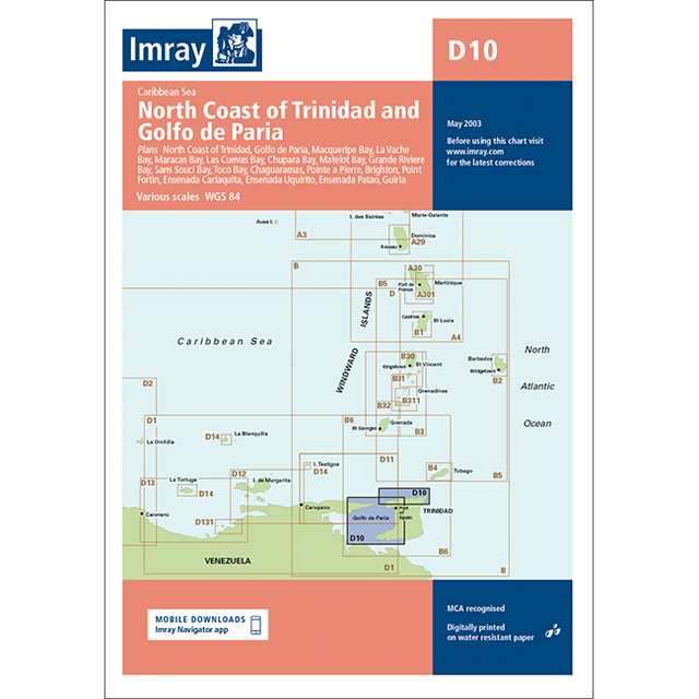 Imray Chart D10: North Coast of Trinidad and Golfo de Paria displays a nautical map of northern Trinidad and parts of Venezuela, with labeled maritime areas. Features Imray branding and hydrographic chart details.